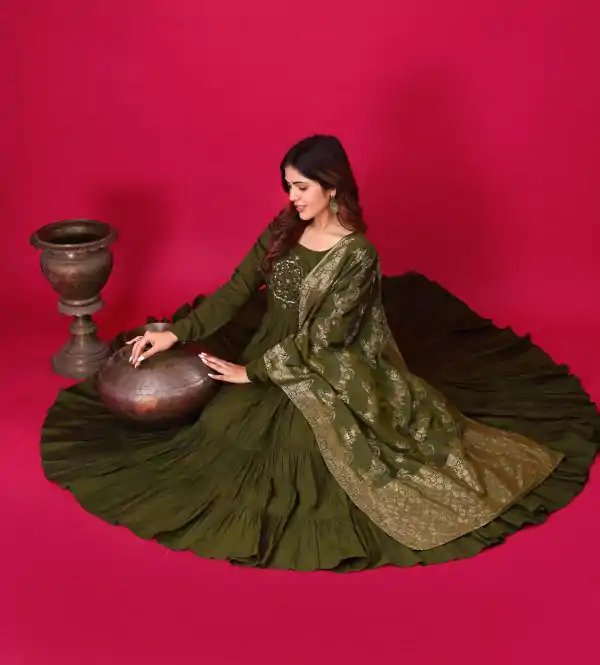 Mehandi Roman Silk With Embroidery Sequence Work Anarkali Gown - Image 3