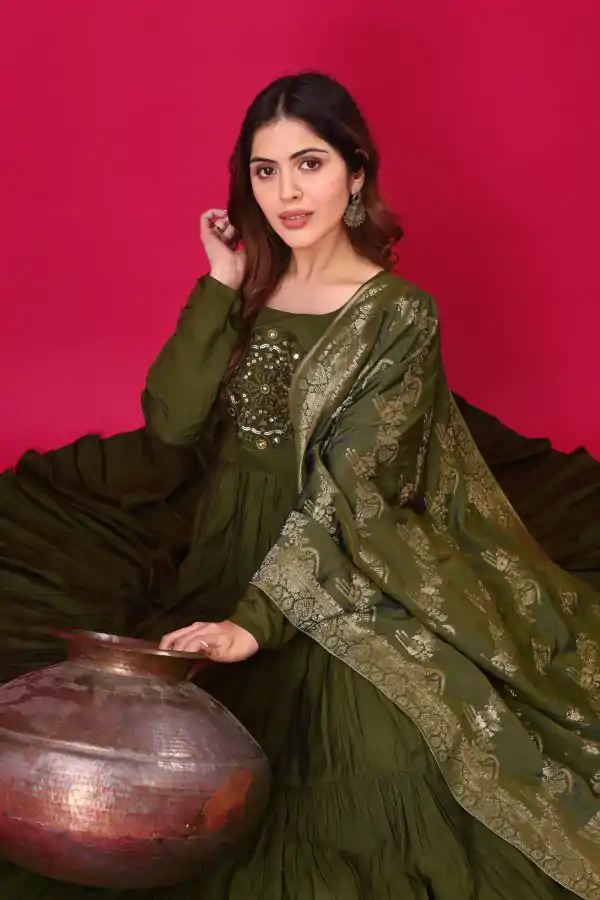 Mehandi Roman Silk With Embroidery Sequence Work Anarkali Gown - Image 4