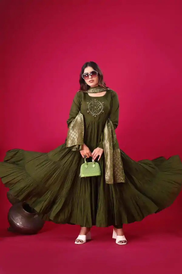 Mehandi Roman Silk With Embroidery Sequence Work Anarkali Gown - Image 5