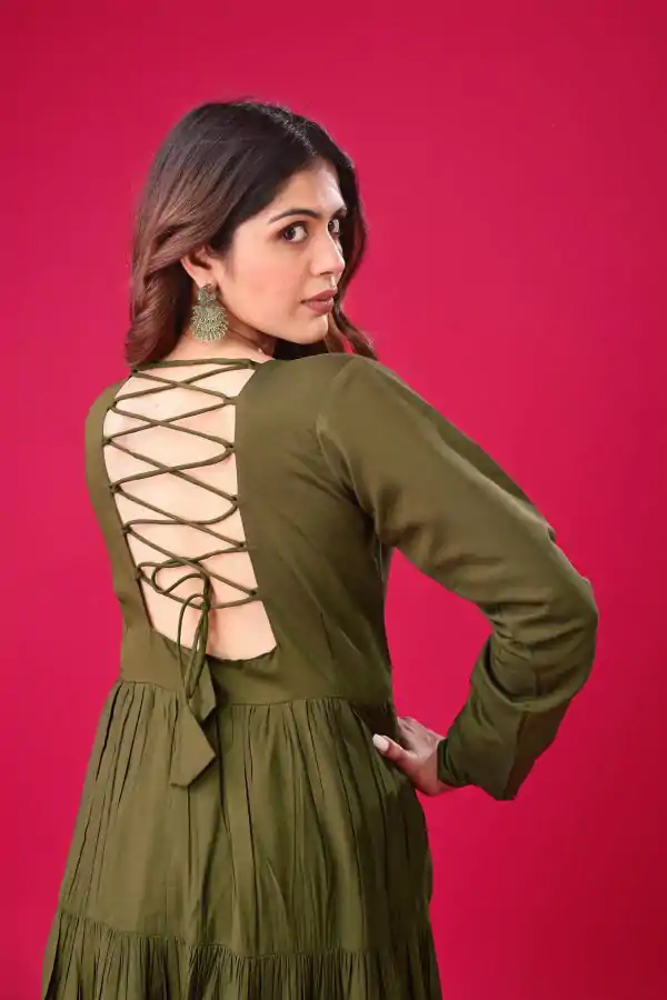 Mehandi Roman Silk With Embroidery Sequence Work Anarkali Gown - Image 6