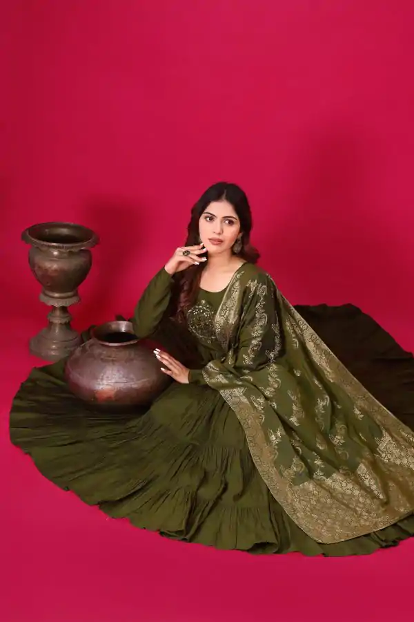 Mehandi Roman Silk With Embroidery Sequence Work Anarkali Gown - Image 2
