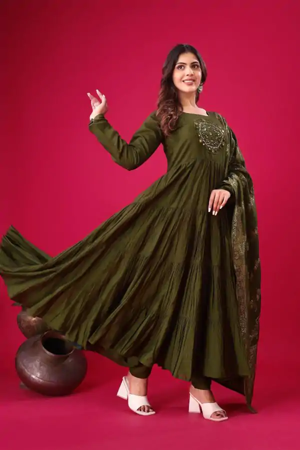 Mehandi Roman Silk With Embroidery Sequence Work Anarkali Gown - Image 7