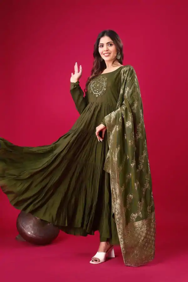 Mehandi Roman Silk With Embroidery Sequence Work Anarkali Gown - Image 8