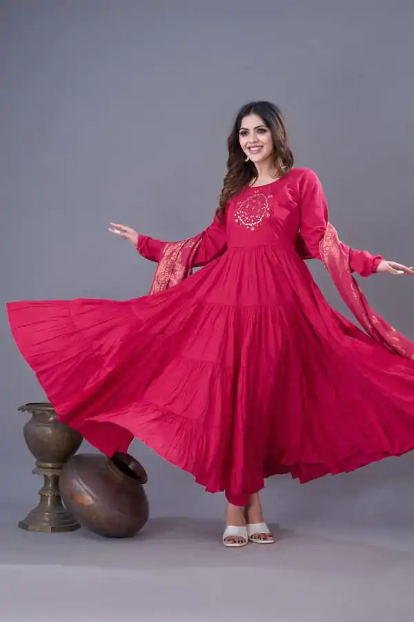 Pink Roman Silk Embroidery Sequence Work Anarkali Gown - Image 4