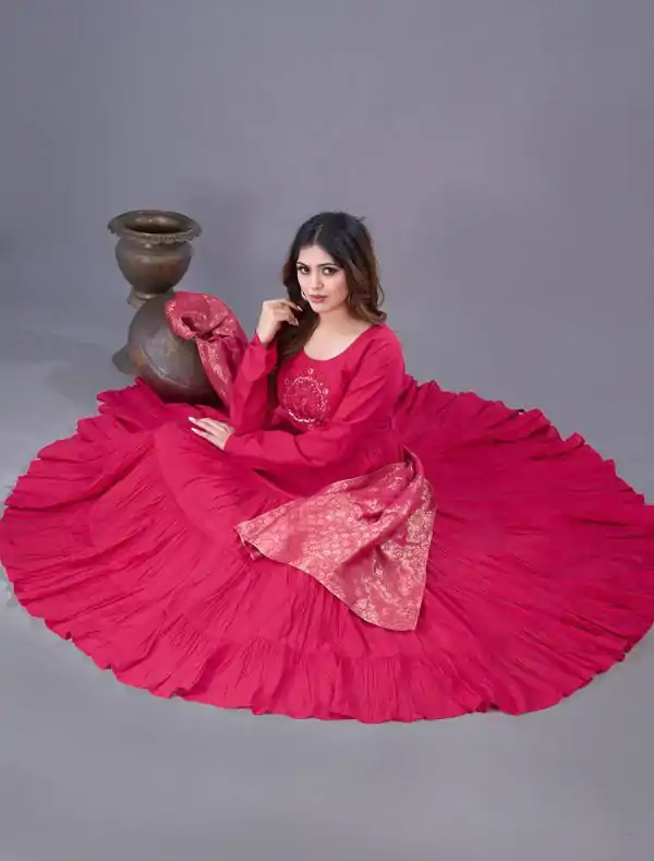 Pink Roman Silk Embroidery Sequence Work Anarkali Gown - Image 5