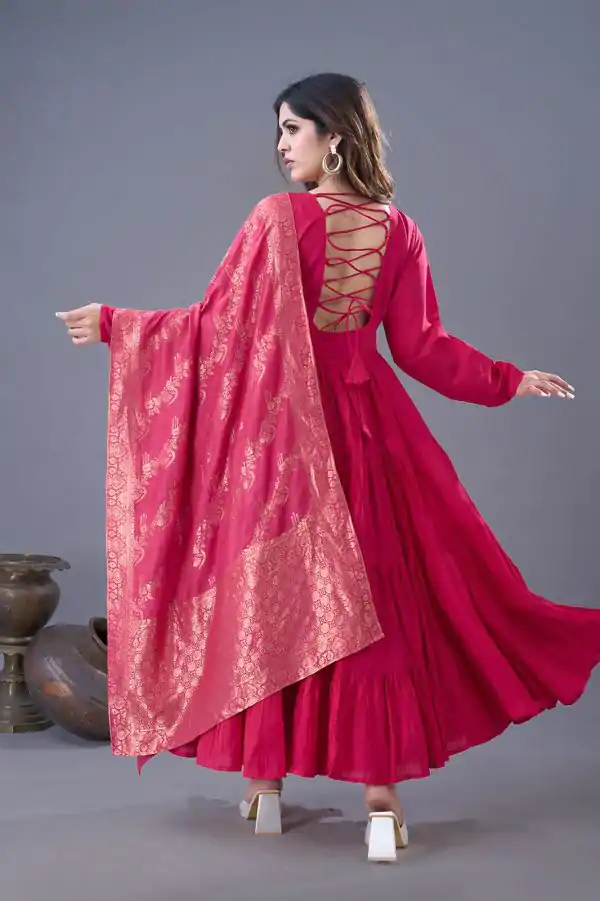 Pink Roman Silk Embroidery Sequence Work Anarkali Gown - Image 7