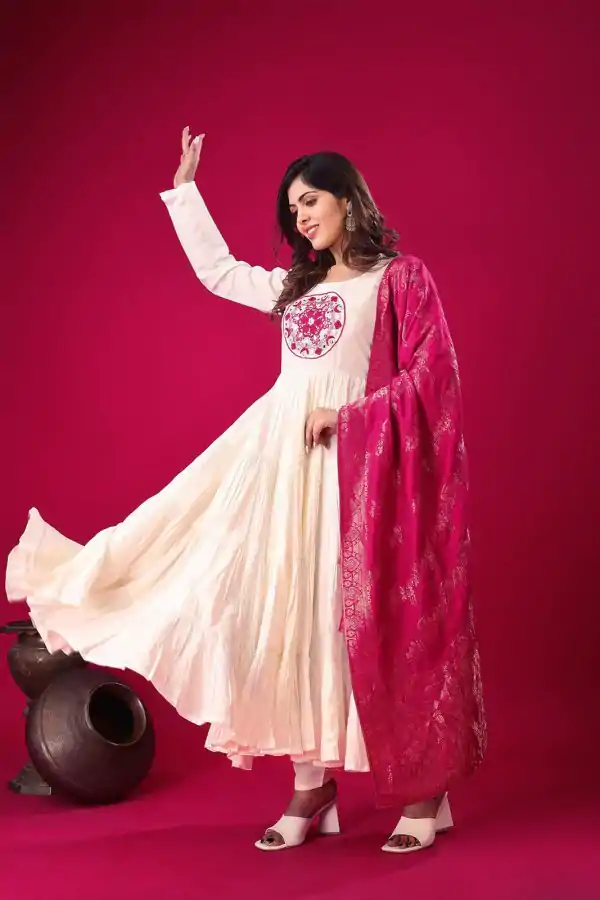 White Roman Silk Embroidery Sequence Work Anarkali Gown - Image 2