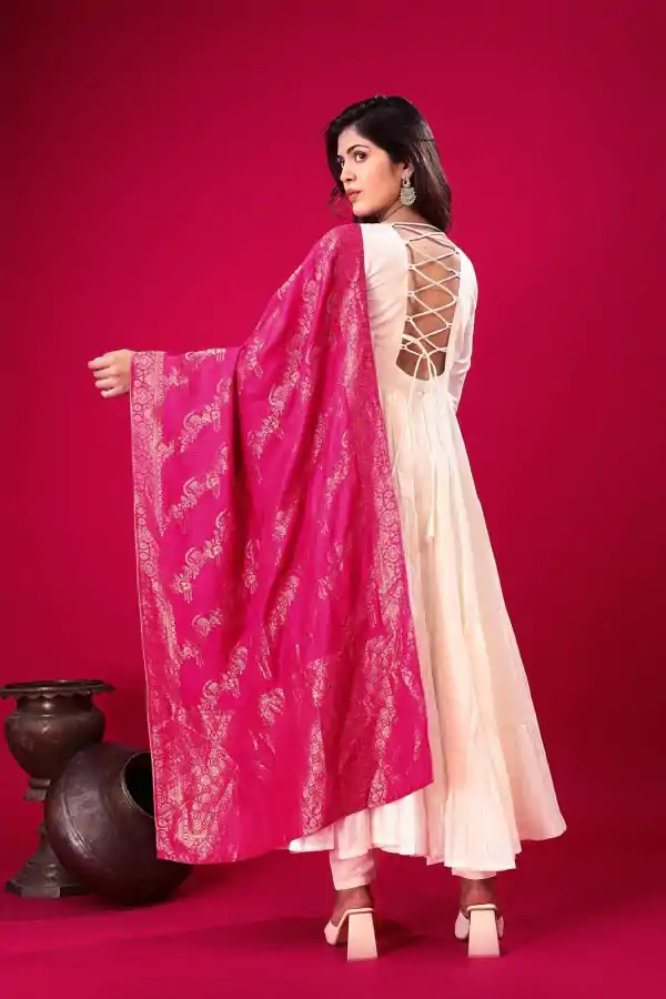 White Roman Silk Embroidery Sequence Work Anarkali Gown - Image 3
