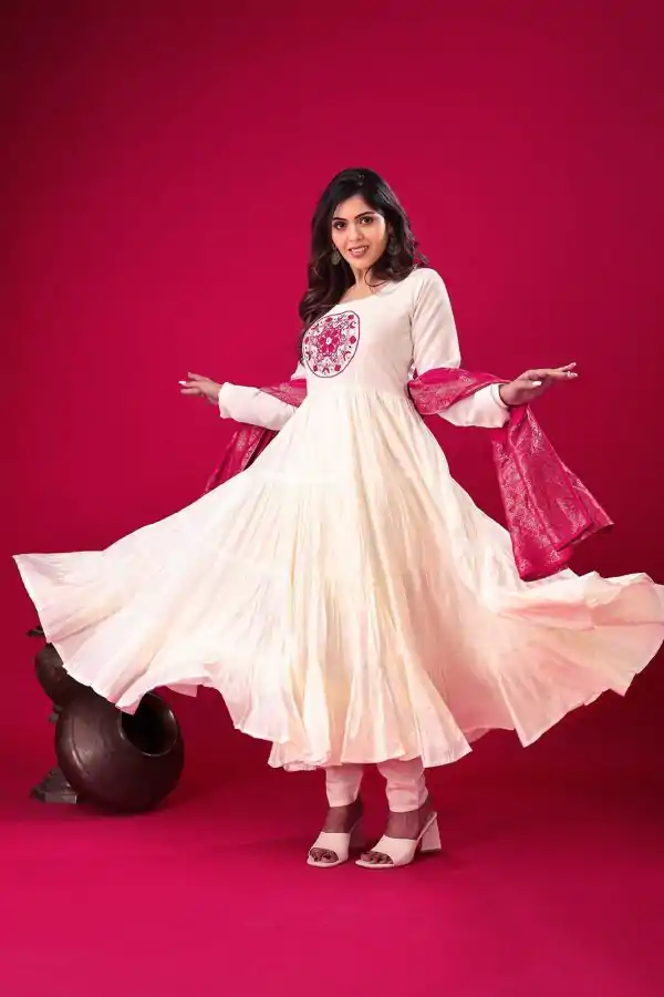 White Roman Silk Embroidery Sequence Work Anarkali Gown - Image 4
