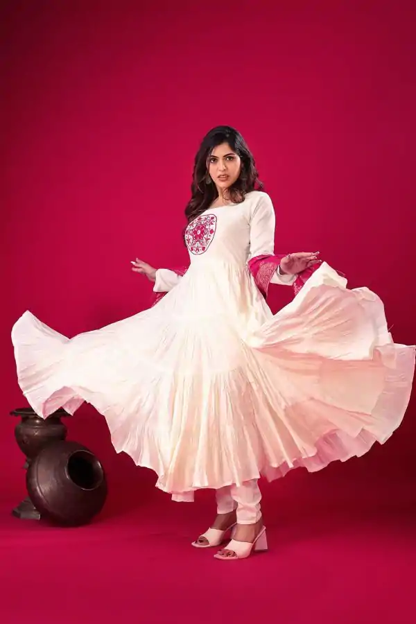 White Roman Silk Embroidery Sequence Work Anarkali Gown - Image 5