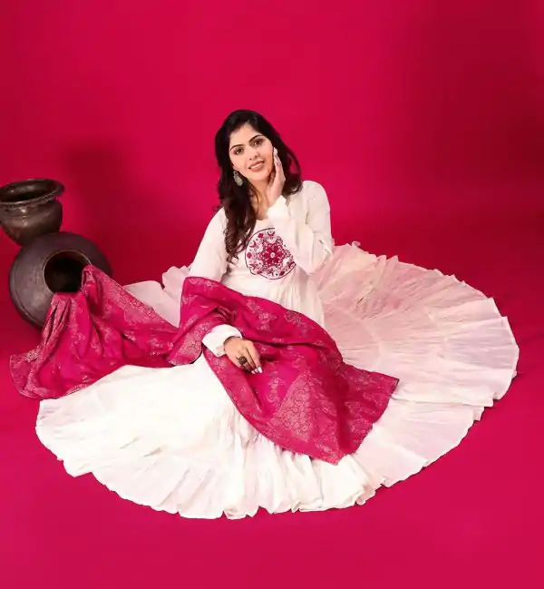 White Roman Silk Embroidery Sequence Work Anarkali Gown - Image 6