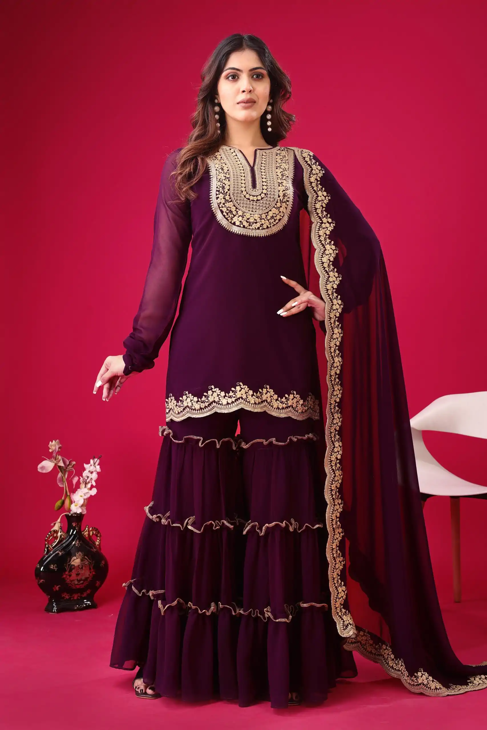 SRK 5236 Wine Color Faux Georgette With Embroidery Sequence Work Salwar Suit , Wedding, Party, Festive, Events Etc.4-6 Working Days@ 2399/-only | Jump Suits, Salwar suit, Casual Suits, Creative suits, Designer Suits, Palazzo Suits, Party Wear Suits, Patiala Suits, Straight Suits
