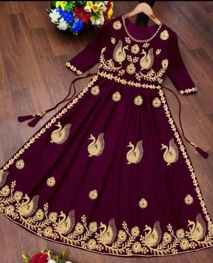 MF Wine Color Georgette With embroidery Work Style Anarkali Gown Wedding Party, Festive, Events Etc.4-6 Working Days@1349/- only | Gowns, Bollywood Gowns, Creative Gowns, Designer Gowns, Embroidered Gowns, Party Wear Gowns, Straight Suits