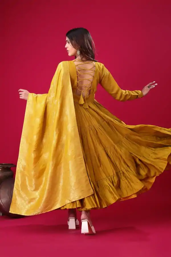 Yellow Roman Silk With Embroidery Sequence Work Anarkali Gown - Image 6