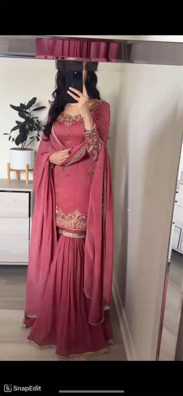 Peach Chinnon Silk Heavy Embroidery Work With Moti Handwork Salwar Suit - Image 2