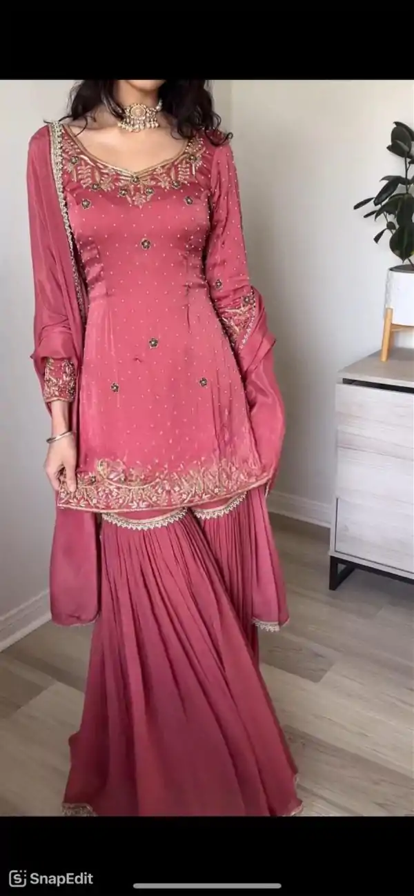 Peach Chinnon Silk Heavy Embroidery Work With Moti Handwork Salwar Suit - Image 3