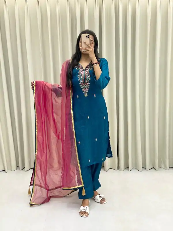 Peacock Blue Silk Hand Work Salwar Suit