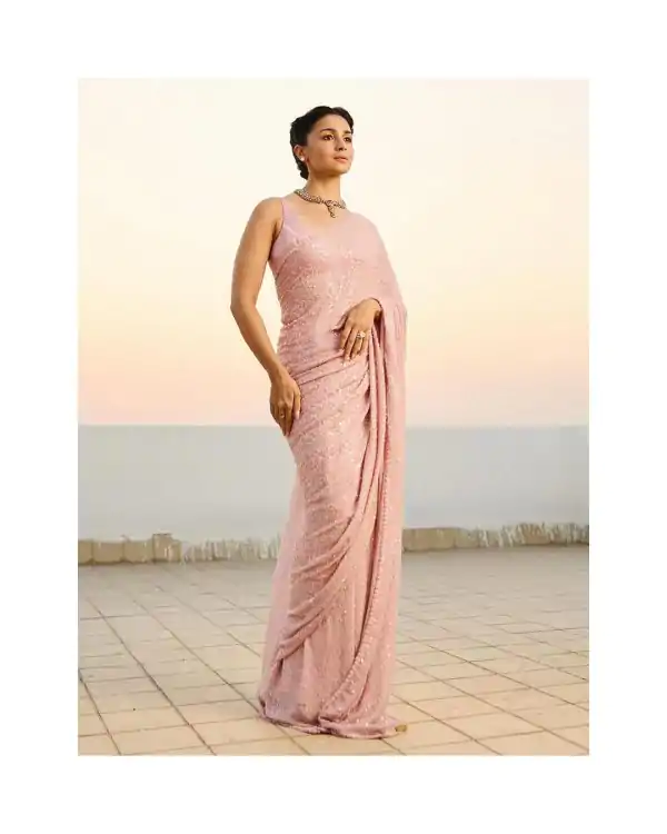 Light Pink Faux Georgette Khichdi Sequence Embroidery Work Saree - Image 3