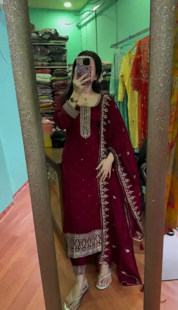 Maroon Chinnon Silk With Embroidery Sequence Work Salwar Suit - Image 3