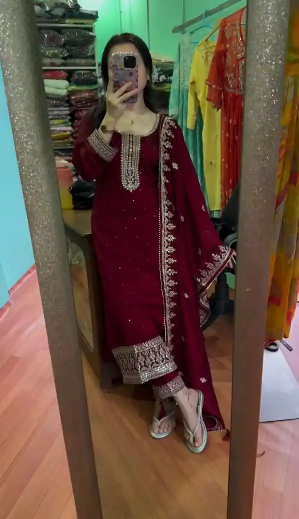 Maroon Chinnon Silk With Embroidery Sequence Work Salwar Suit - Image 2