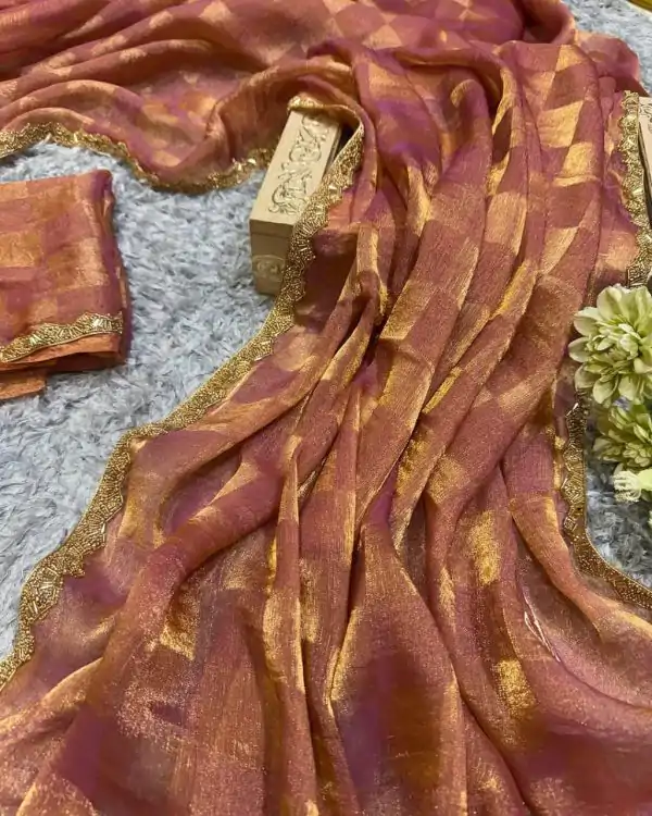 Peach Chiffon Pattern Hand Work Lace Saree