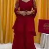 Pretty Red Color Fox Georgette Thread Work With Fancy Button Salwar Suit