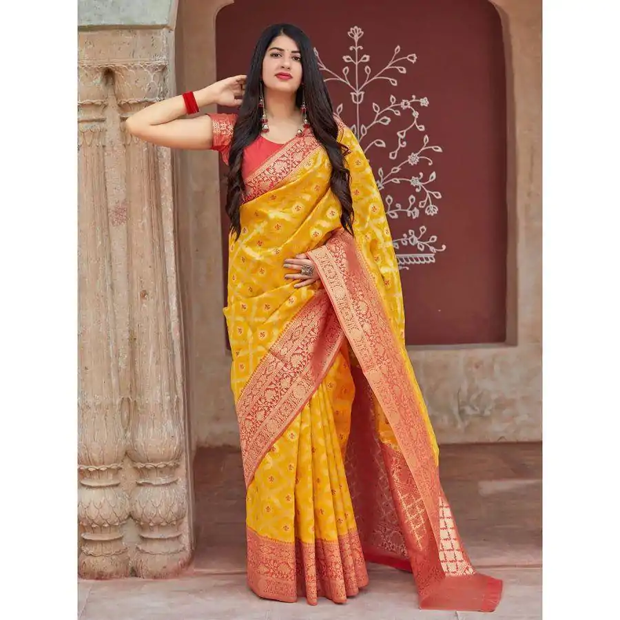 KP 6014 Yellow Color Soft Lichi Silk Jacquard Work On All Over Saree Casual, Wedding, Festive, Events . Expected Delivery  4-6 Working Days @1449/- only                                                                                                                                             | Sarees, Bollywood Sarees, Creative Sarees, Designer Sarees, Embroidered Sarees, Ethnic Saree, Modern Digital sarees, Party Wear Sarees
