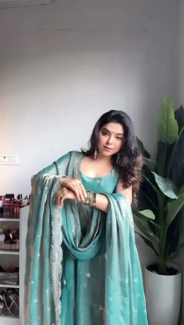 Sky Blue Silk Thread Sequence Anarkali Gown - Image 2