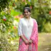 Stylist Half White Color Roman Silk With Pink Dupatta Coding Work Salwar Suit