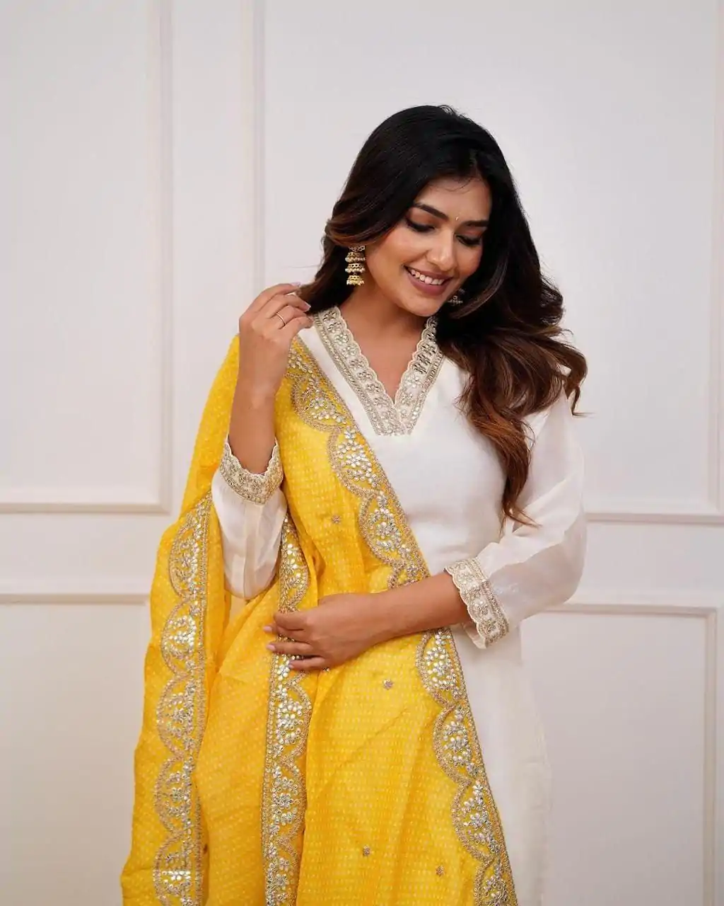 MF 726 Half White Color Roman Silk With Yellow Dupatta Coding Work Salwar Suit Casual, Wedding, Party, Festive, Events Etc.4-6 Working Days@ 1699/-only | Jump Suits, Salwar suit, Casual Suits, Creative suits, Designer Suits, Palazzo Suits, Party Wear Suits, Patiala Suits, Straight Suits