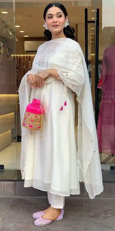 Stylist White Color Chanderi Silk With Mirror Work Embroidery Salwar Suit