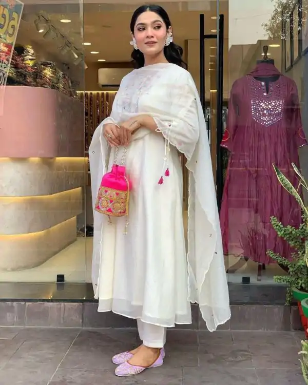 Stylist White Color Chanderi Silk With Mirror Work Embroidery Salwar Suit