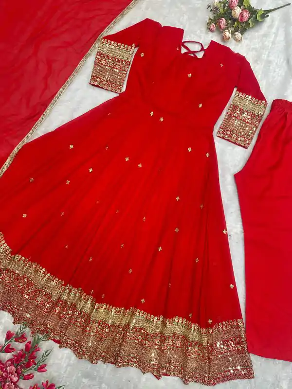 Red Fox Georgette Embroidery Work Anarkali Gown - Image 3
