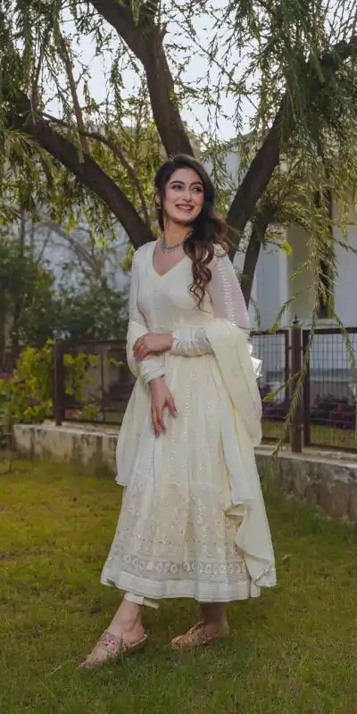 Wonderful Cream Color fox Georgette Embroidery Sequence Anarkali Gown