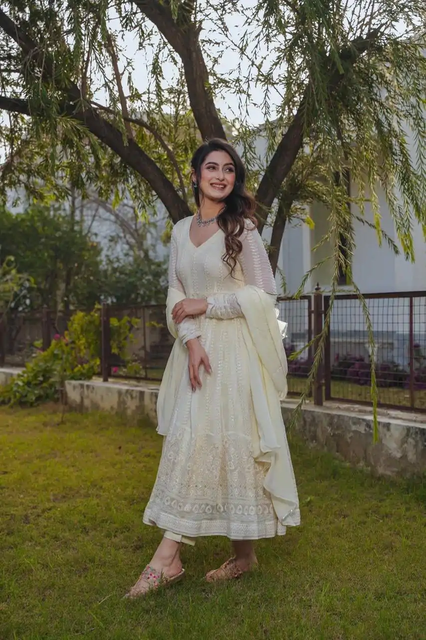 DC G43 Cream Color fox Georgette Embroidery Sequence Anarkali Gown Wedding Party, Festive, Events Etc.4-6 Working Days@2199/- only | Gowns, Bollywood Gowns, Creative Gowns, Designer Gowns, Embroidered Gowns, Party Wear Gowns, Straight Suits