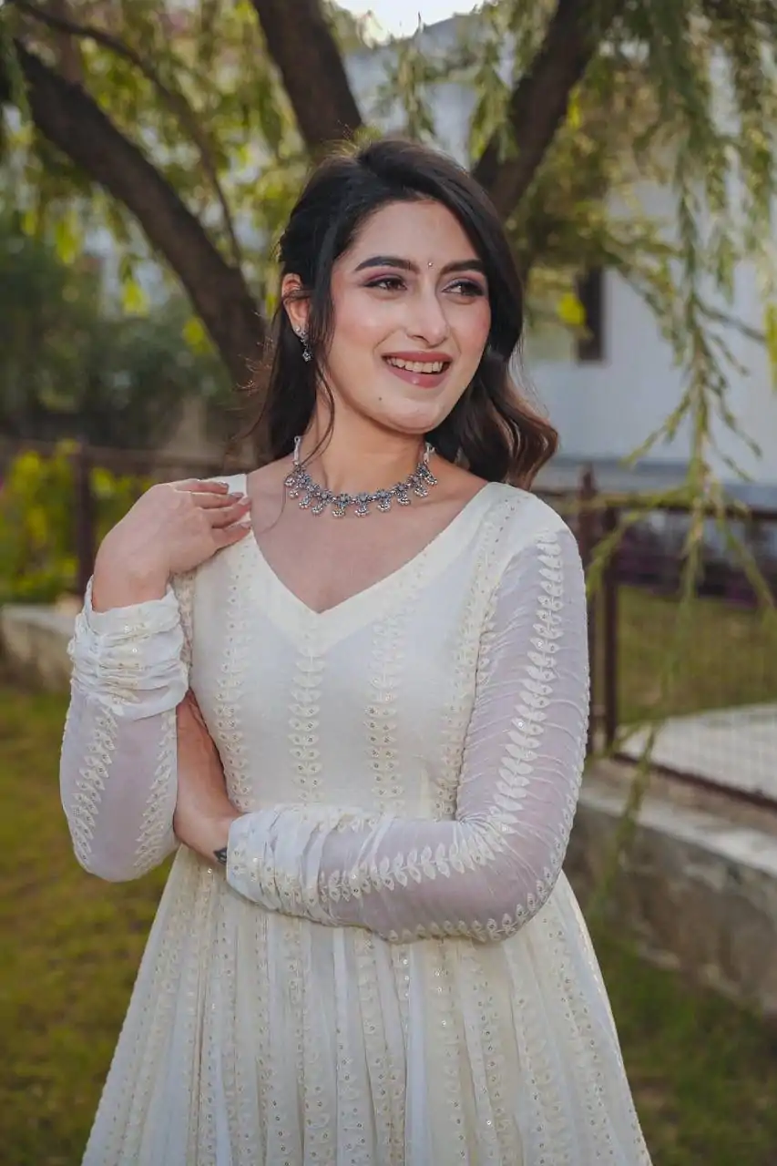 DC G43 Cream Color fox Georgette Embroidery Sequence Anarkali Gown Wedding Party, Festive, Events Etc.4-6 Working Days@2199/- only | Gowns, Bollywood Gowns, Creative Gowns, Designer Gowns, Embroidered Gowns, Party Wear Gowns, Straight Suits