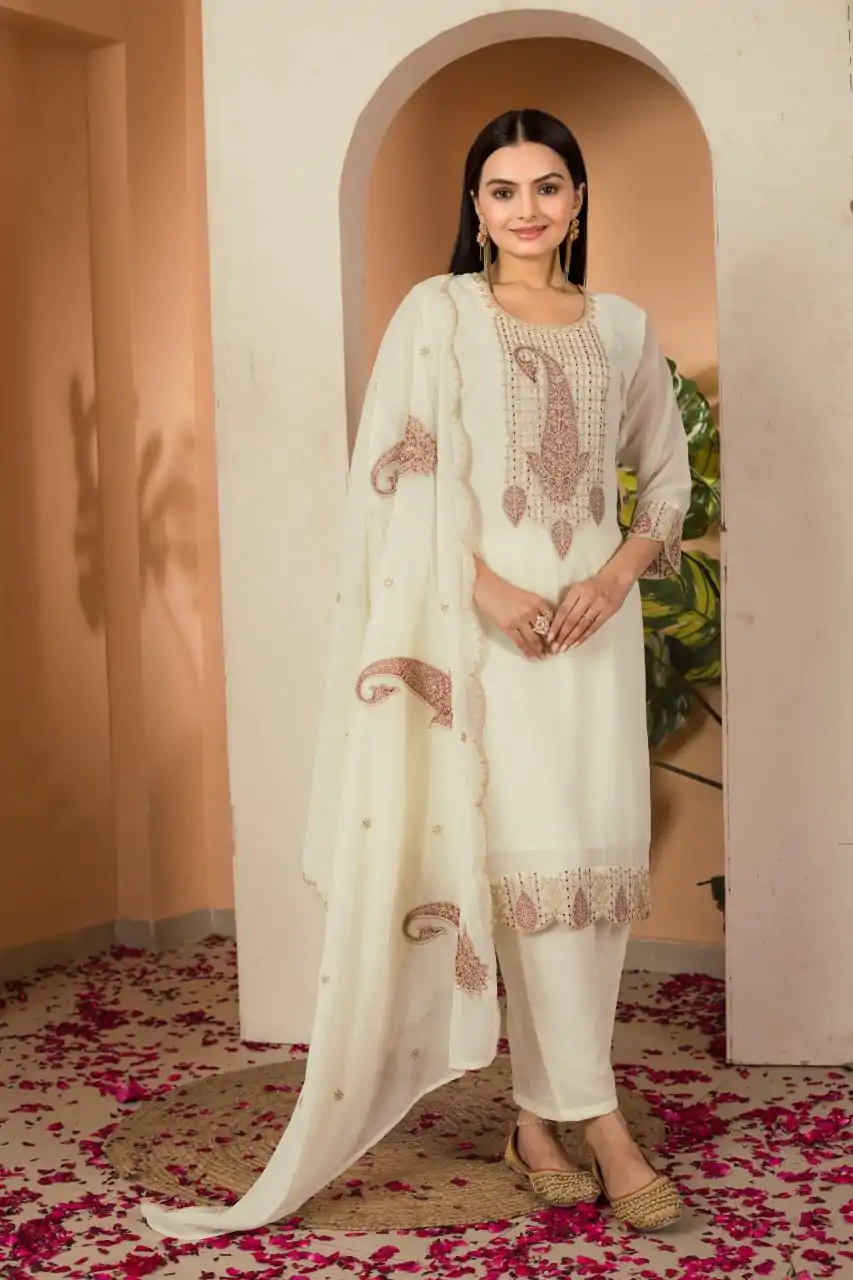 DC G87 Cream Color Fox georgette Embroidery Thread Sequence Salwar Suit Casual, Wedding, Party, Festive, Events Etc.4-6 Working Days@ 1849/-only | Jump Suits, Salwar suit, Casual Suits, Creative suits, Designer Suits, Palazzo Suits, Party Wear Suits, Patiala Suits, Straight Suits