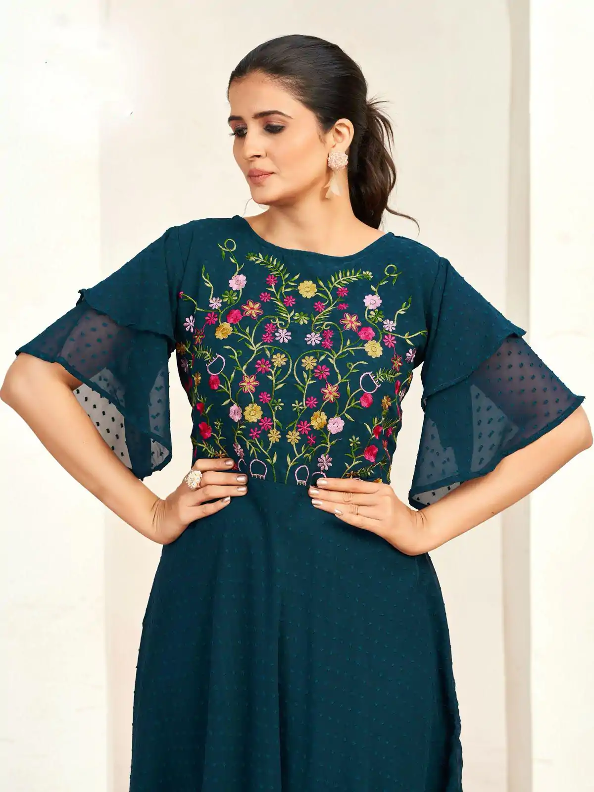 INLI Sensations Navy Blue Color Georgette Butti Embroidery Thread Work Gown , Wedding, Party, Festive, Events Etc. Expected Delivery 4-6 Working Days @1549/ | Gowns, Bollywood Gowns, Creative Gowns, Designer Gowns, Embroidered Gowns, Party Wear Gowns