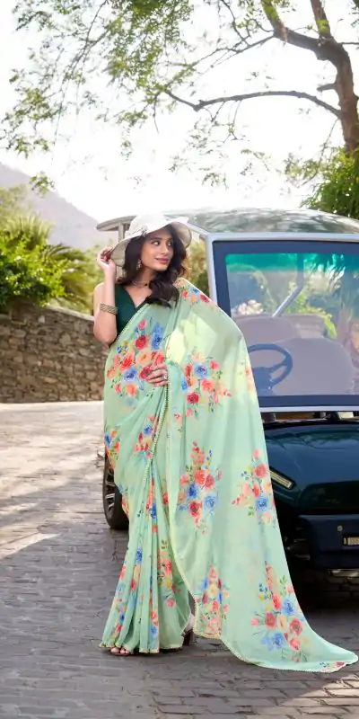 Amazing Light Pista Color Weightless Marble Floral Printed Saree