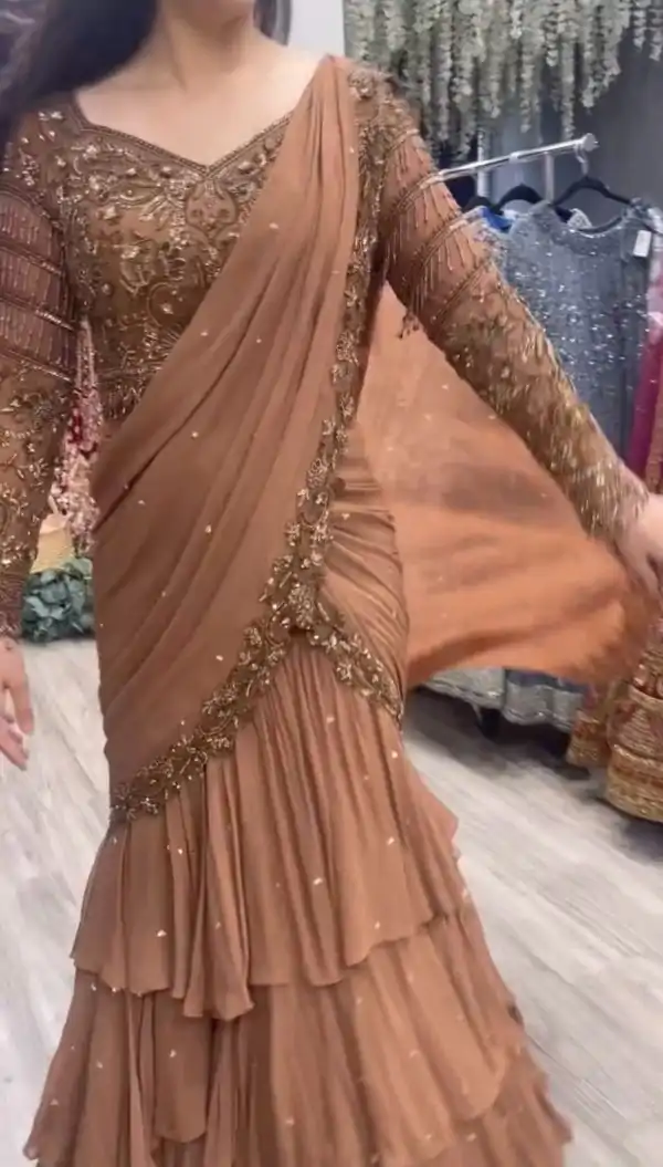 Light Brown Georgette Thread With Sequence Lehenga Choli - Image 2