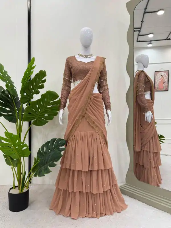 Light Brown Georgette Thread With Sequence Lehenga Choli - Image 3