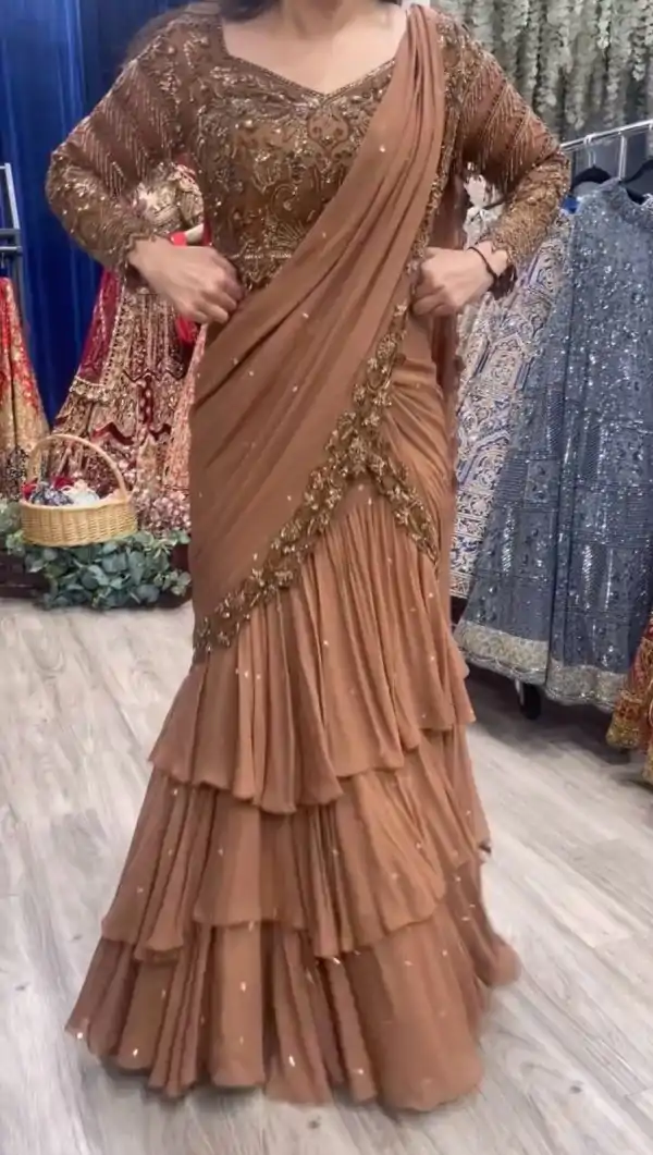 Light Brown Georgette Thread With Sequence Lehenga Choli - Image 4