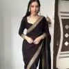 Beautiful Black Color Pure 9000 Velvet With Embroidery Lace Border Saree