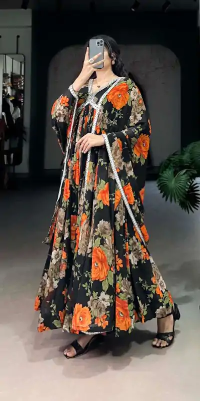 Beautiful Orange Color Georgette Floral Printed Paper Mirror Lace Gown
