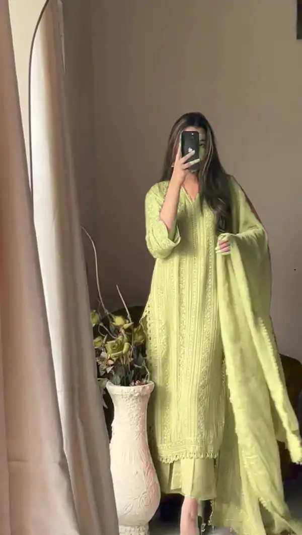 Beautiful Pista Color Chinon Cotton Thread Embroidery Work Salwar Suit