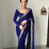 Beautiful Royal Blue Color Pure 9000 Velvet With Embroidery Lace Border Saree