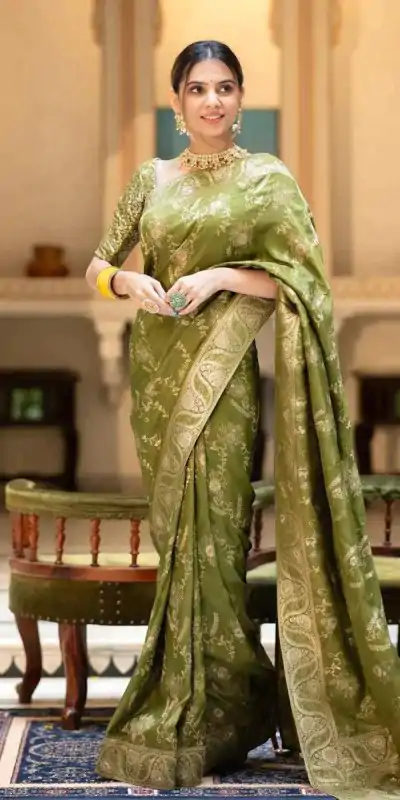 Bright Mehandi Color Soft Litchi Silk All Over Weaving Saree