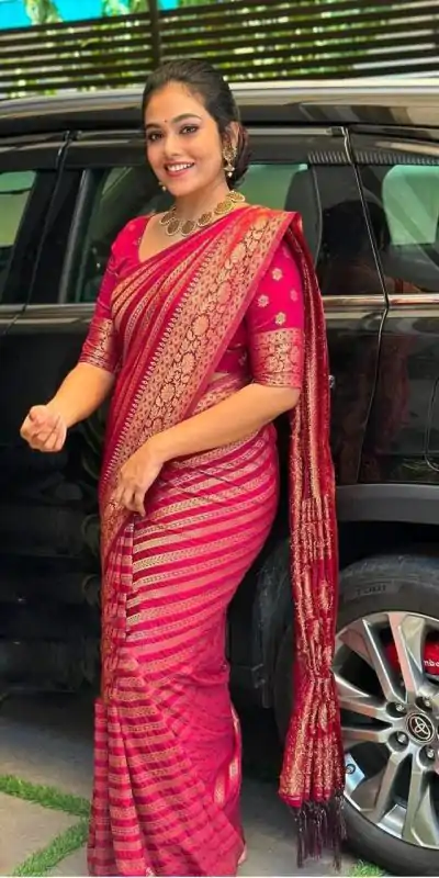 Bright Red Color Soft Litchi Silk On All Over Saree