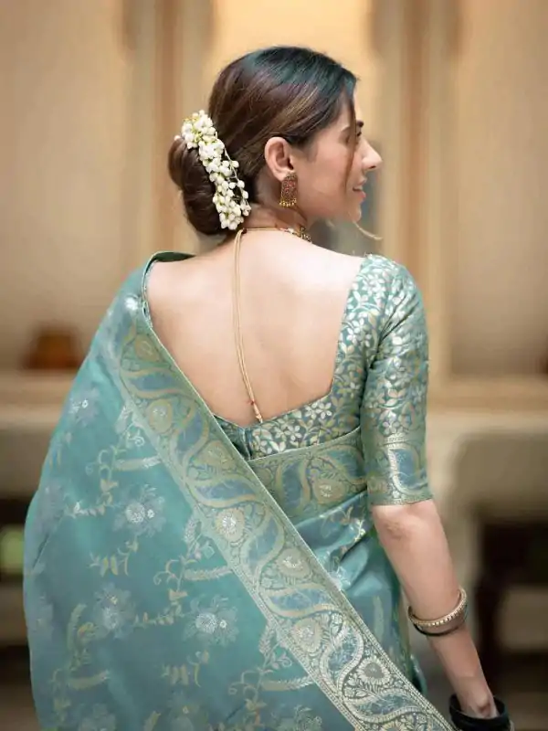 Sky Blue Soft Litchi Silk All Over Weaving Saree - Image 2