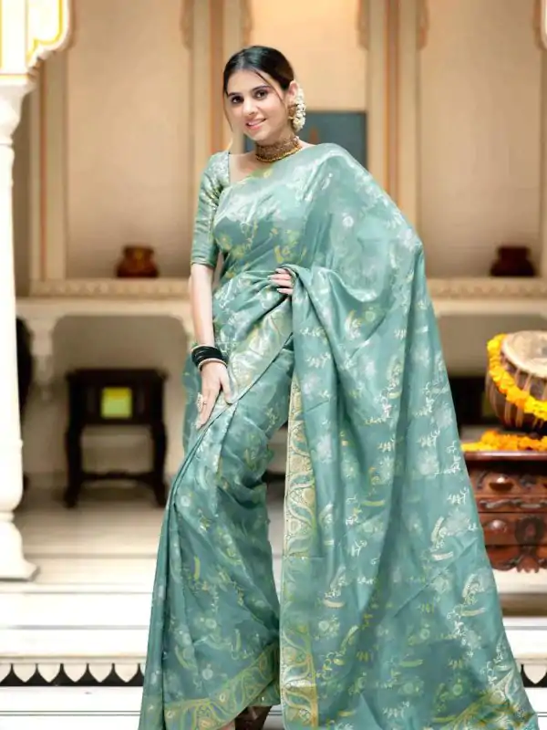 Sky Blue Soft Litchi Silk All Over Weaving Saree - Image 3